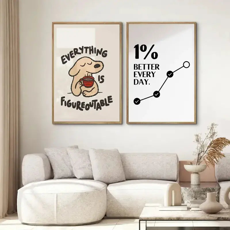 Two framed light wood inspirational quote posters with cartoon dog and daily progress graph for home or office decor