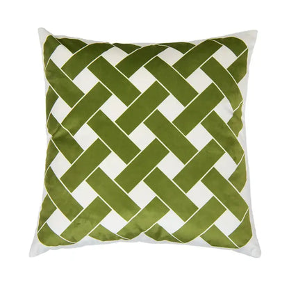 Olive green and white intersecting geometric velvet cushion cover by decorbites for living room decor