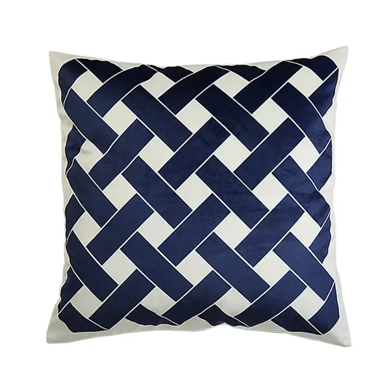 Square throw pillow with navy blue and cream woven pattern featuring decorbites intersecting geometric velvet cushion cover