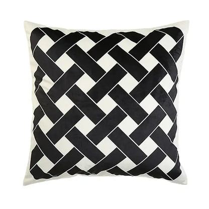 Black and white decorbites intersecting geometric velvet cushion cover with plush velvety texture for living room