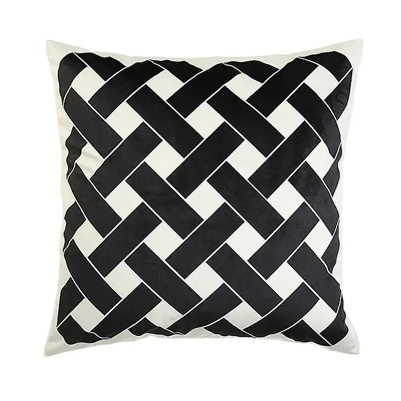 Black and white decorbites intersecting geometric velvet cushion cover with plush velvety texture for living room