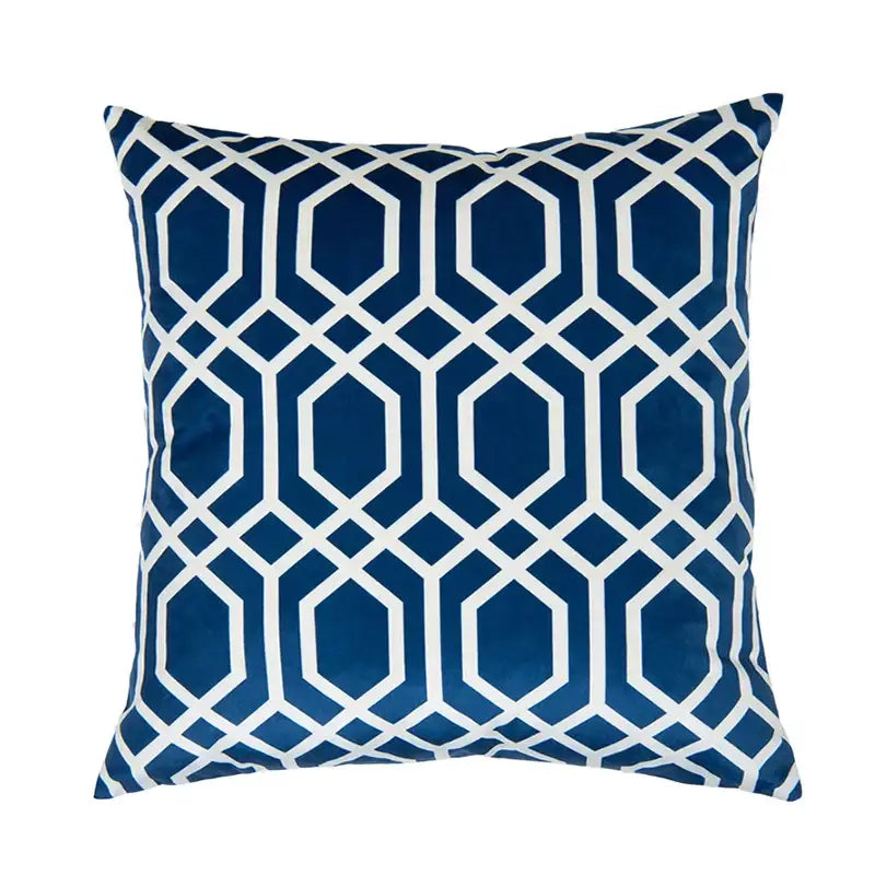 Navy blue velvet throw pillow with bold white geometric lattice pattern decorbites intersecting geometric cushion cover