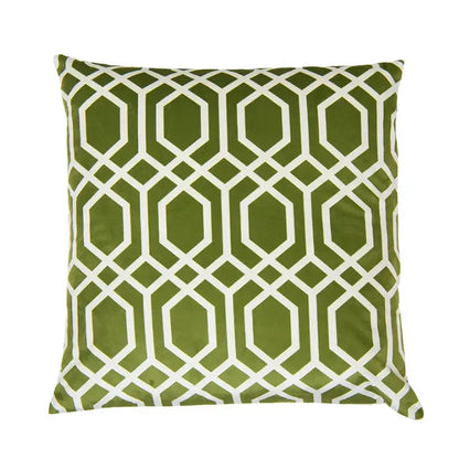 Olive green velvet square cushion cover with white geometric pattern from decorbites intersecting geometric collection