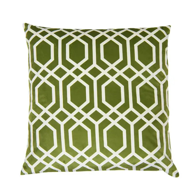 Olive green velvet square cushion cover with white geometric pattern from decorbites intersecting geometric collection
