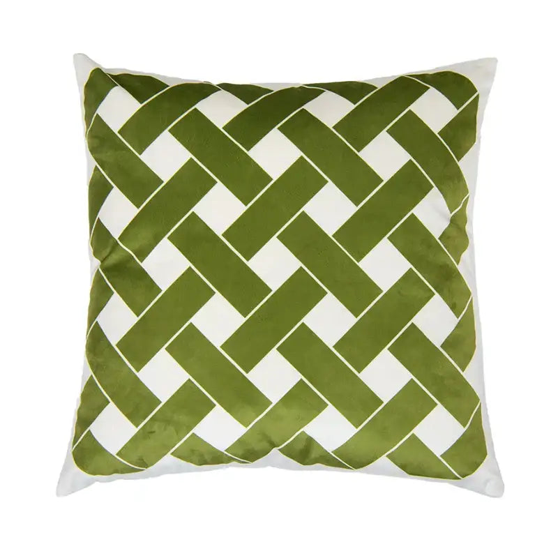 Decorbites intersecting geometric olive green and white velvet cushion cover for living room decor