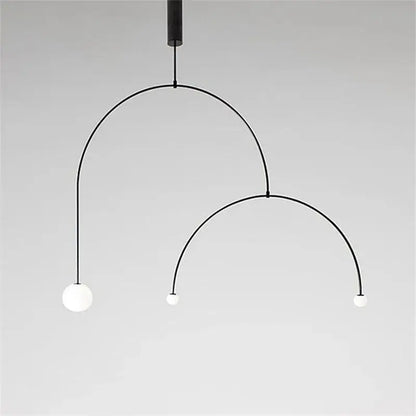 Modern black metal decorbites iron balance chandelier with two curved arcs and three frosted glass globe bulbs