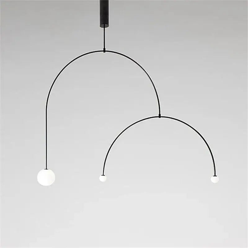 Modern black metal decorbites iron balance chandelier with two curved arcs and three frosted glass globe bulbs