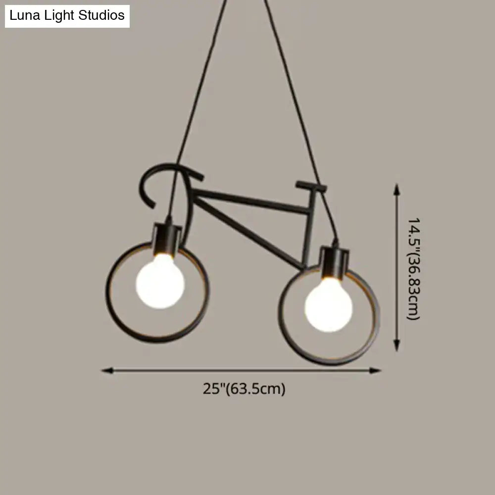 Black metal iron bicycle chandelier with two exposed bulbs and adjustable chain cord length for dining table lighting