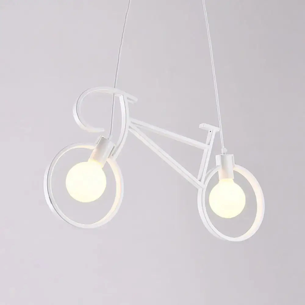 White iron bicycle chandelier pendant light with two glowing bulbs and adjustable chain cord length for dining table