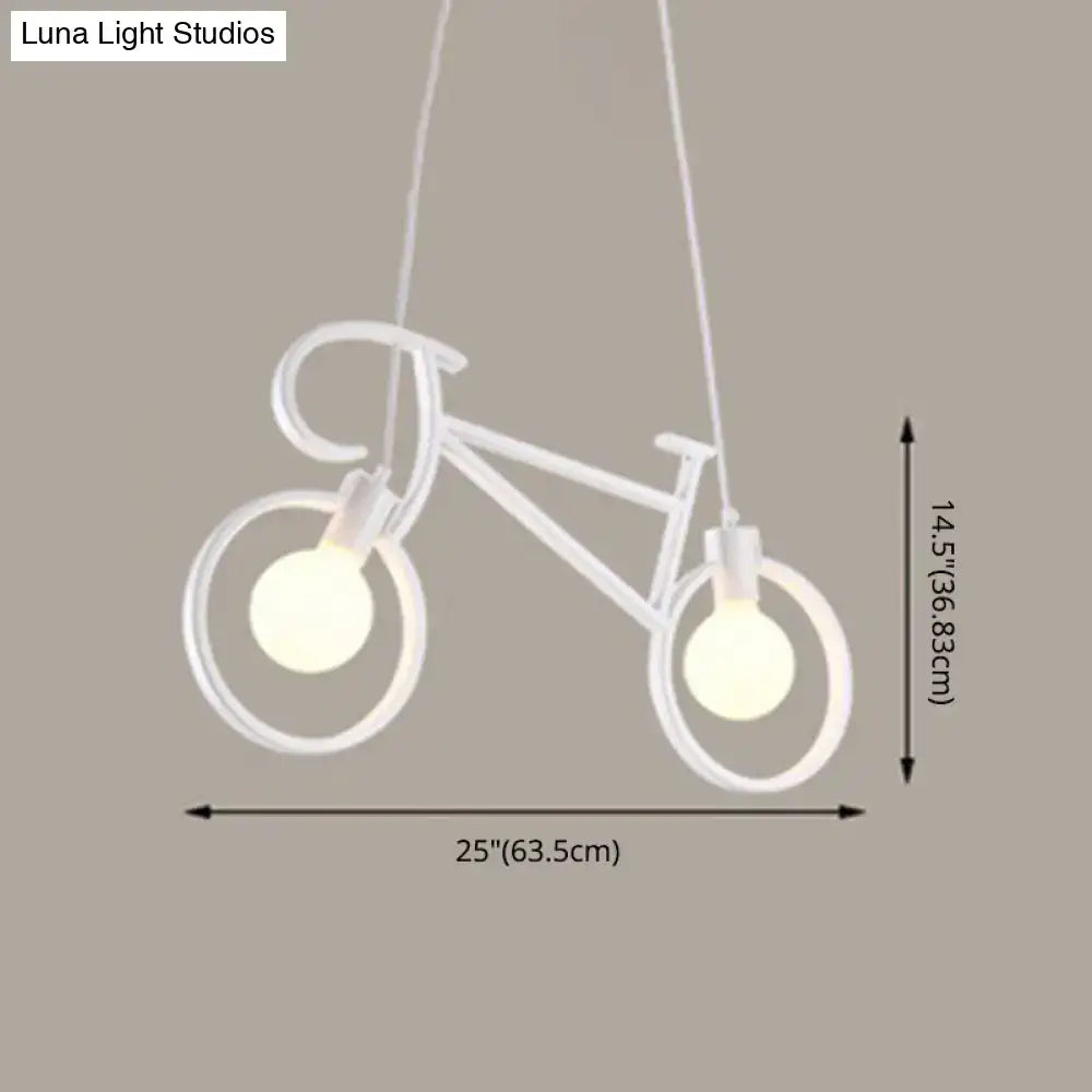 White iron bicycle chandelier pendant light with two bulbs and adjustable chain cord length for dining table decor