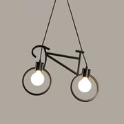 Black metal iron bicycle chandelier with two exposed bulbs and adjustable chain cord length for dining table lighting