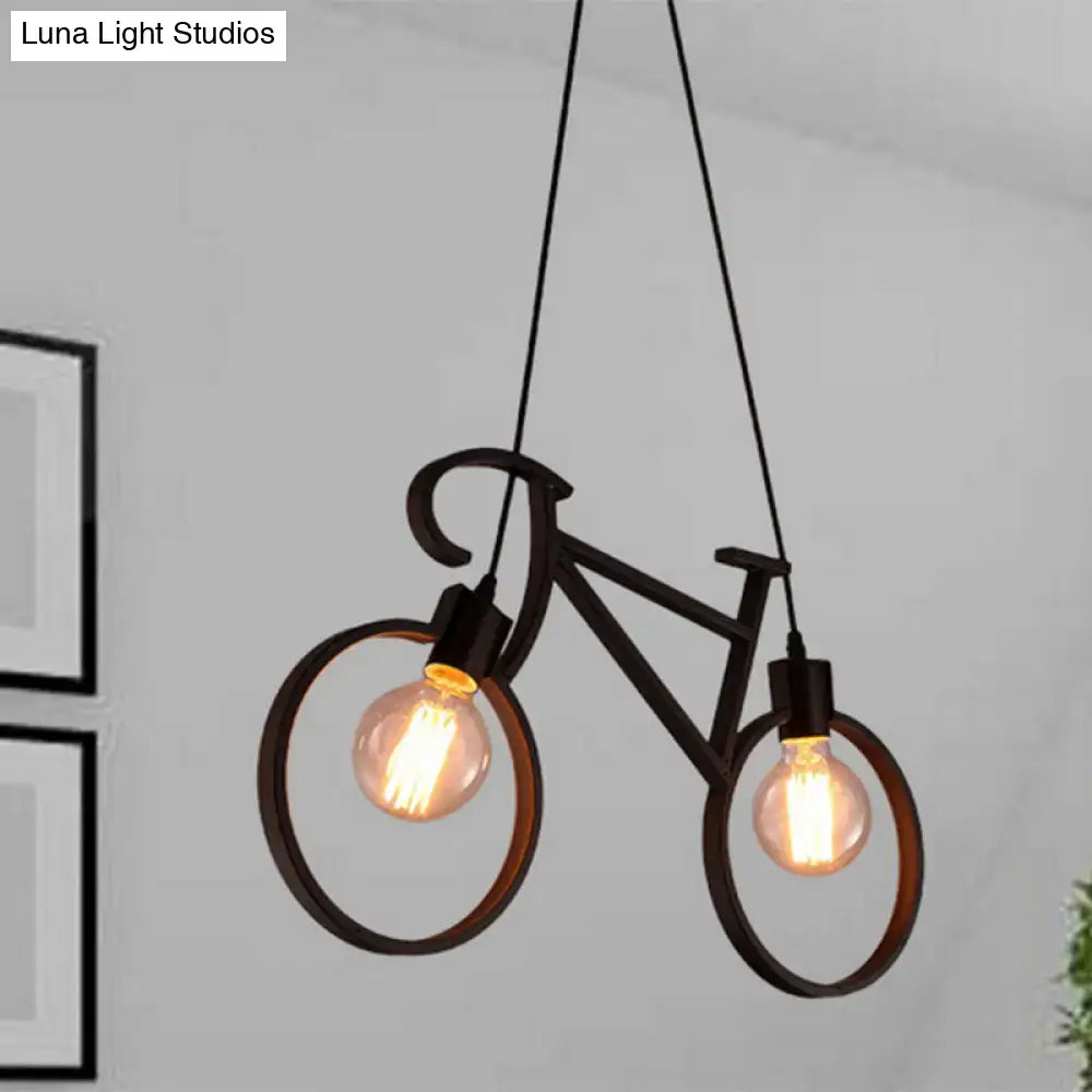 Black metal iron bicycle chandelier pendant light with two exposed filament bulbs and adjustable chain cord length for dining table