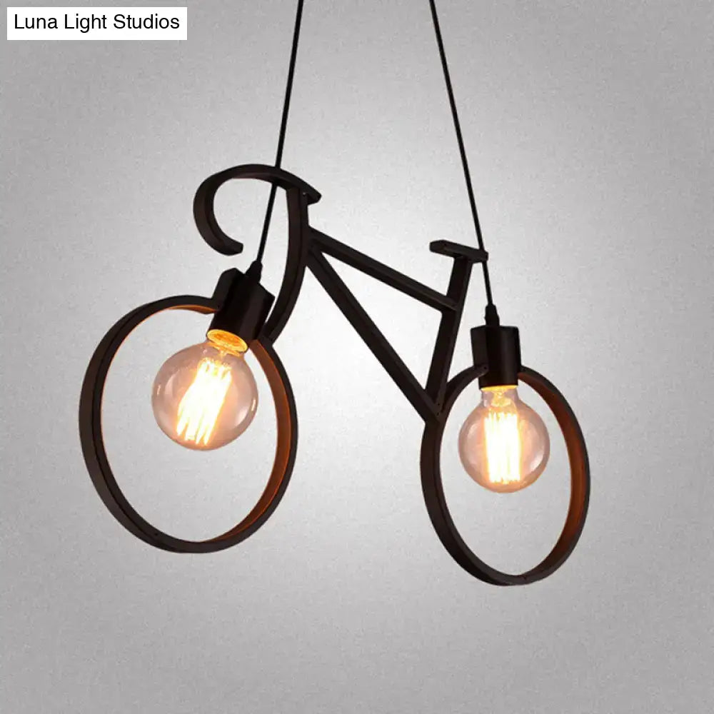 Black metal iron bicycle chandelier with two exposed filament bulbs and adjustable chain cord length for dining table lighting