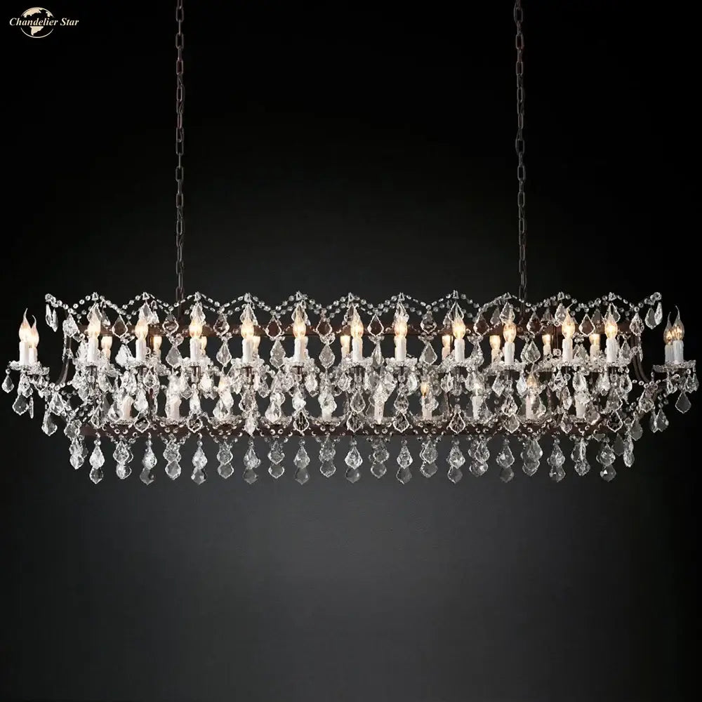 Elegant decorbites iron crystal led chandelier with dark metal frame, candle-style bulbs, and cascading clear crystals