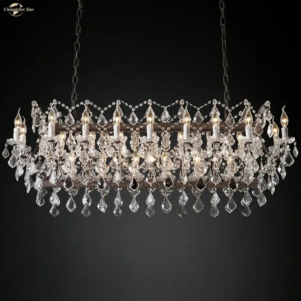 Elegant decorbites iron crystal led chandelier with dark metal frame and cascading clear glass prisms for kitchen lighting