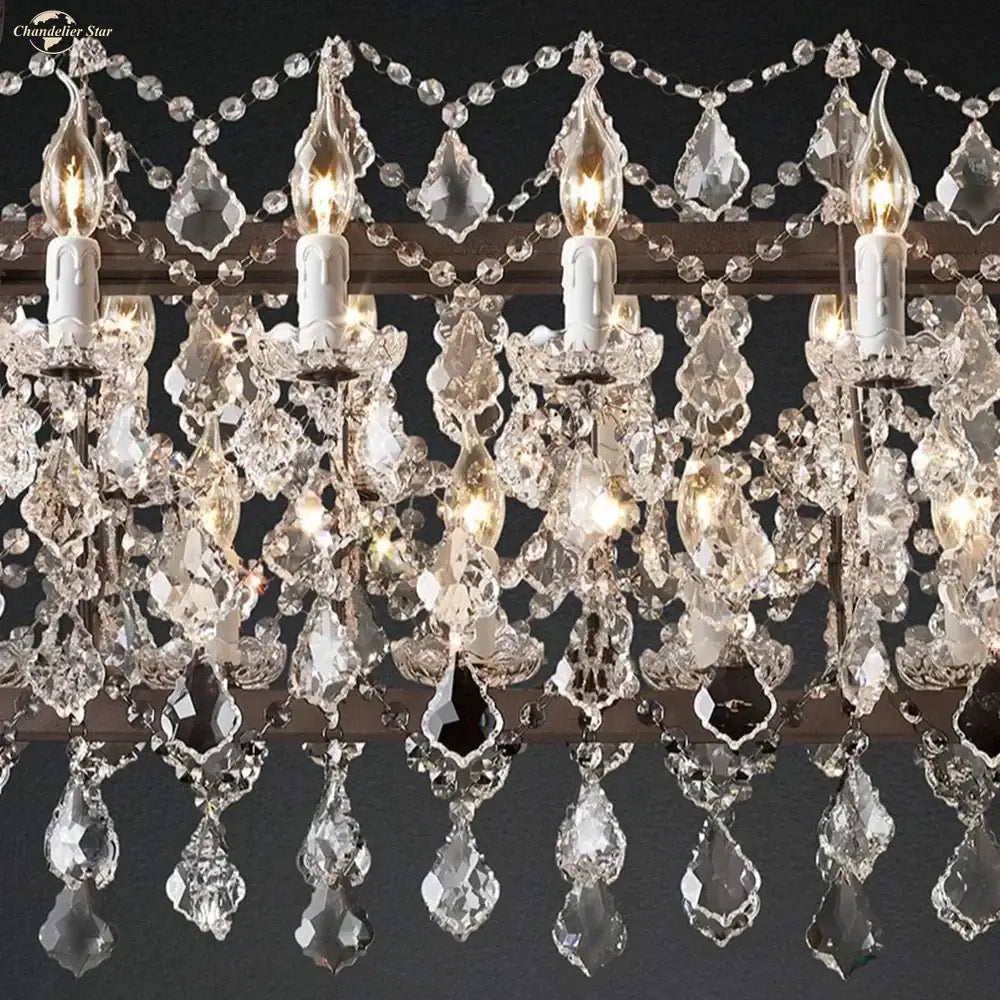 Decorbites iron crystal led chandelier with iron frame candle style bulbs and cascading teardrop crystals for kitchen lighting