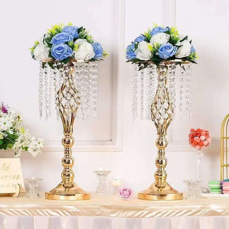 Decorbites™ gold iron flower racks with crystal chandelier centerpieces and blue white artificial roses for table decor