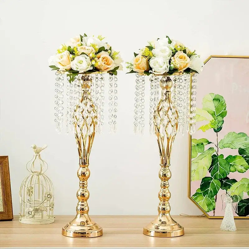 Gold-colored iron flower racks with crystal chandelier style and cascading clear beads for dining table decoration