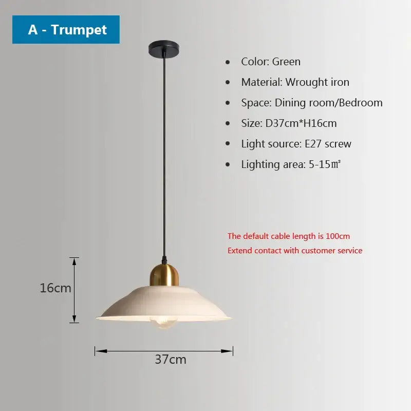 Green wrought iron trumpet pendant light with cream shade and brass accents from decorbites iron industrial collection