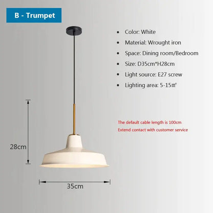White wrought iron pendant light with trumpet-shaped shade and brass rod in decorbites iron industrial chandelier style