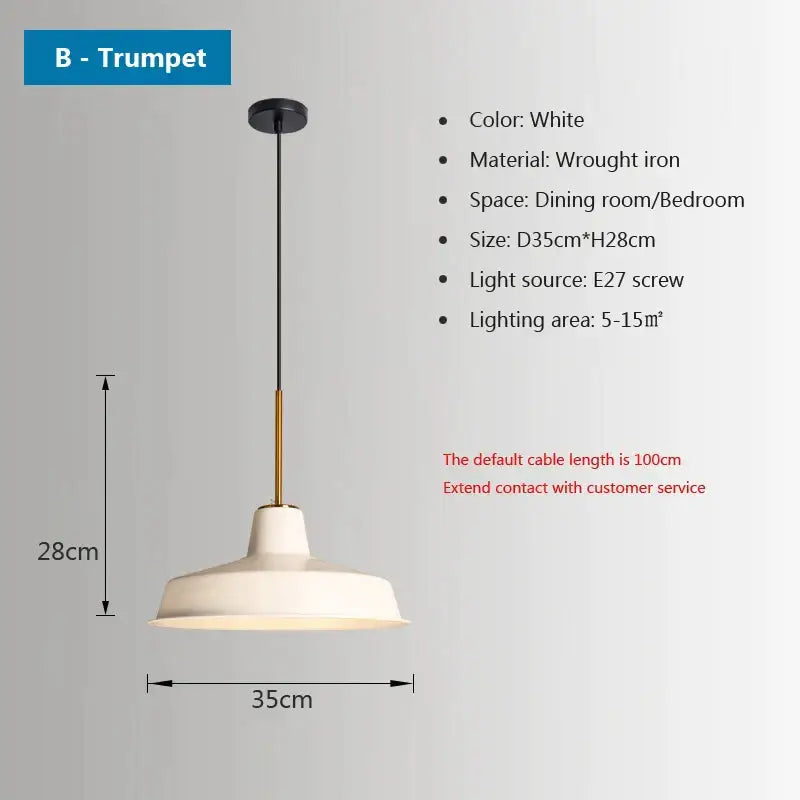 White wrought iron pendant light with trumpet-shaped shade and brass rod in decorbites iron industrial chandelier style