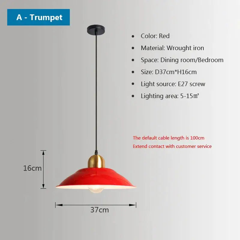 Red wrought iron trumpet-shaped pendant light with brass accent from decorbites iron industrial chandeliers collection