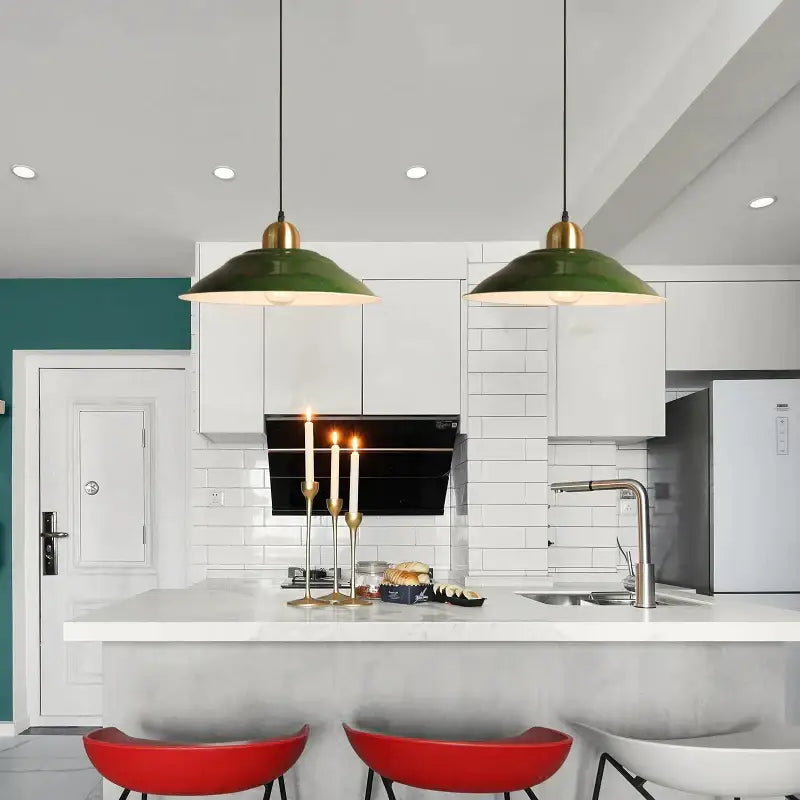 Green pendant lights with brass accents from decorbites iron industrial enamel chandelier hang above modern kitchen island
