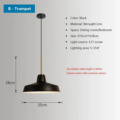 Black wrought iron trumpet pendant light with gold-toned central rod from Decorbites iron industrial chandeliers collection