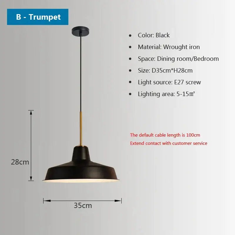 Black wrought iron trumpet pendant light with gold-toned central rod from Decorbites iron industrial chandeliers collection