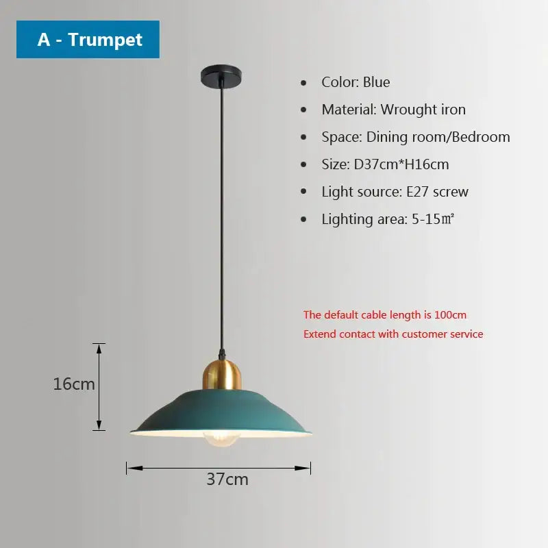 Blue wrought iron trumpet pendant light with gold-toned accent from decorbites iron industrial chandeliers collection