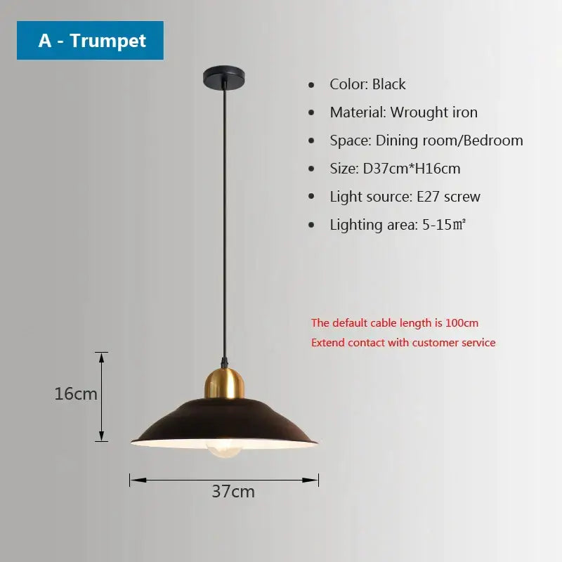 Black wrought iron trumpet pendant light with brass accent from decorbites iron industrial chandeliers for dining rooms