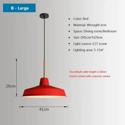 Red wrought iron pendant light with gold-toned rod by Decorbites iron industrial features sleek dome shade design