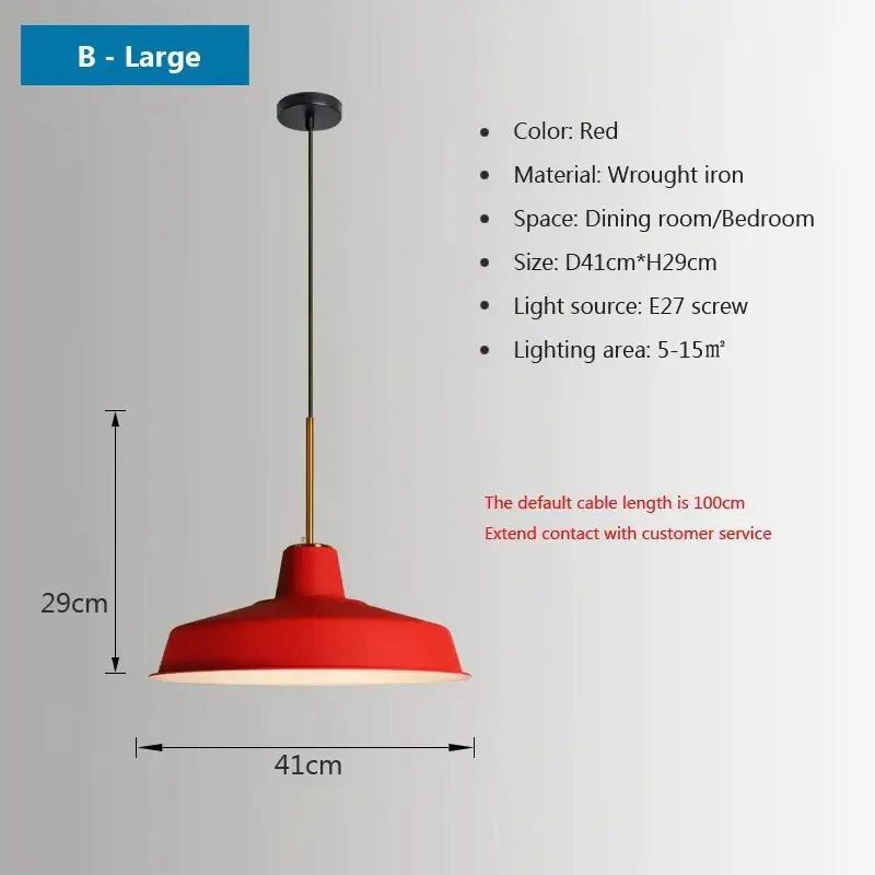 Red wrought iron pendant light with gold-toned rod by Decorbites iron industrial features sleek dome shade design