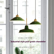 Decorbites iron industrial green enamel chandelier with brass accents for dining room lighting fixtures