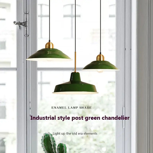 Decorbites iron industrial green enamel chandelier with brass accents for dining room lighting fixtures