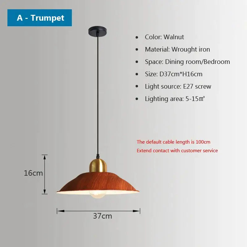 Walnut-finished wrought iron trumpet pendant light with brass accent from decorbites iron industrial green enamel chandelier collection