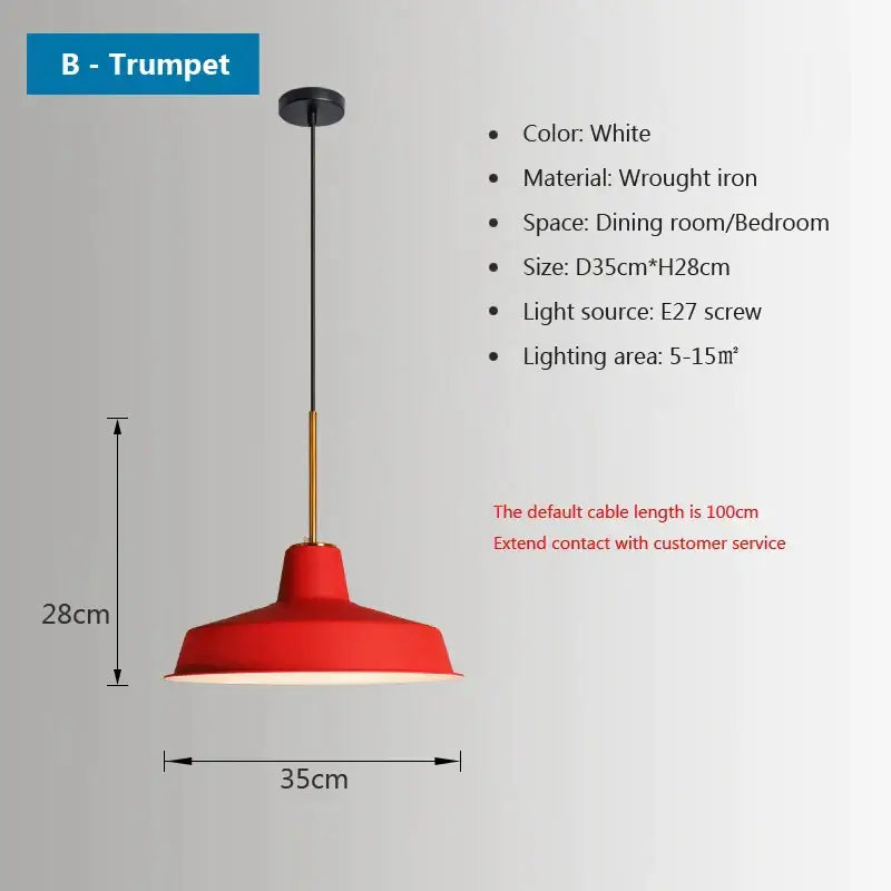 Red trumpet-shaped pendant light made of wrought iron with white ceiling mount by decorbites iron industrial chandelier