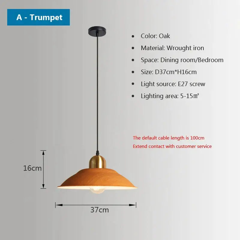 Decorbites iron industrial oak-colored wrought iron trumpet pendant light with warm wooden shade for dining room