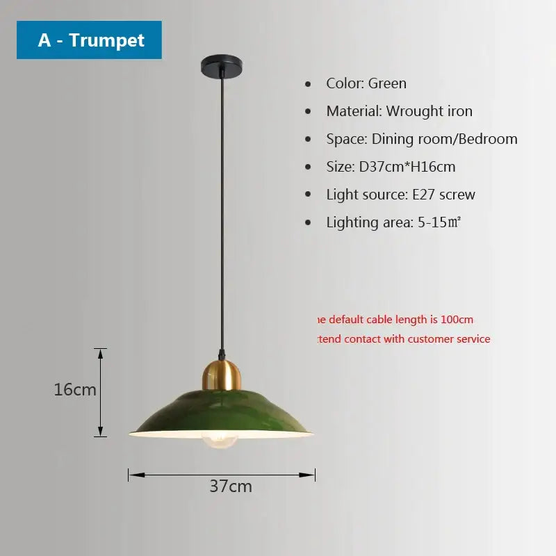 Green wrought iron trumpet-shaped pendant light with brass accent by decorbites iron industrial for dining room use