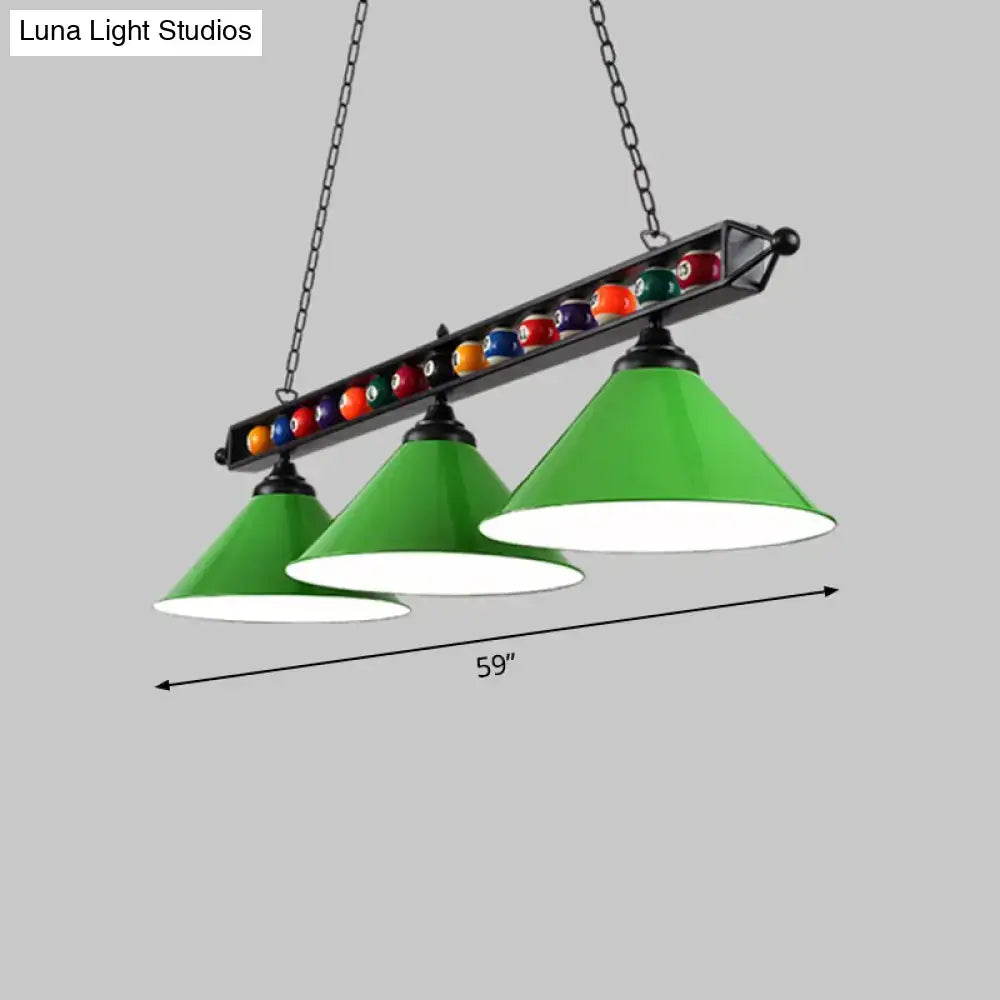 DecorBites iron linear island ceiling light with green conical shade, metal frame, chain suspension, and e26 e27 sockets