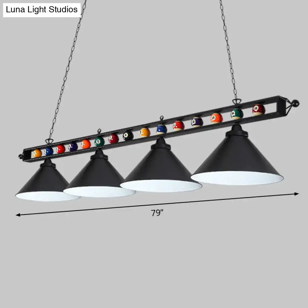 DecorBites™ iron linear island ceiling light with black metal frame, four conical shades and colorful billiard balls