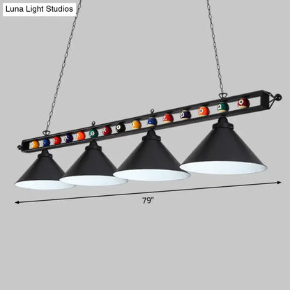 DecorBites™ iron linear island ceiling light with black metal frame, four conical shades and colorful billiard balls