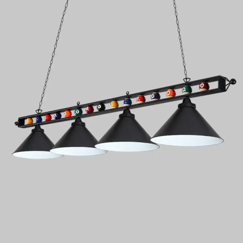 Decorbites™ iron linear island ceiling light with black metal frame, four cone shades, and colorful billiard balls, e26 e27 compatible