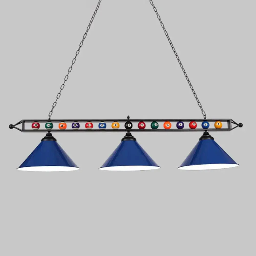 Decorbites™ iron linear island ceiling light with blue cone shades metal frame chain suspension and colorful billiard balls e26 e27
