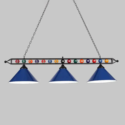 Decorbites™ iron linear island ceiling light with blue cone shades metal frame chain suspension and colorful billiard balls e26 e27