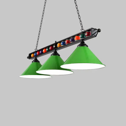 Decorbites iron linear island ceiling light with green conical shade metal frame and e26 e27 sockets featuring colorful billiard balls