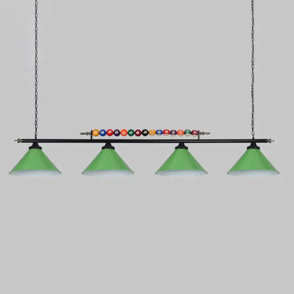 Decorbites iron linear island ceiling light with green conical shade, black metal frame, chain suspension, e26 e27 socket