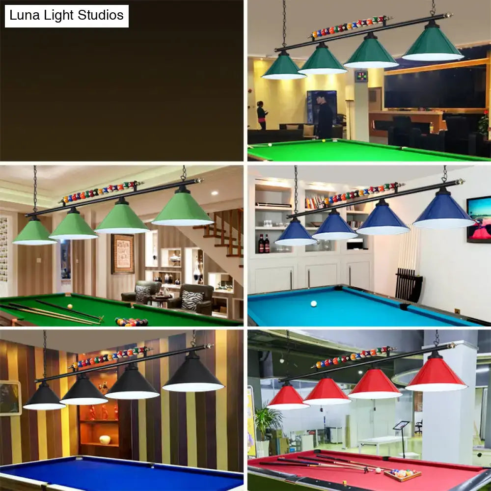 DecorBites iron linear island ceiling light with green blue black red cone shades and metal frame for E26 E27 bulbs above pool tables