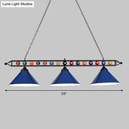 Decorbites iron linear island ceiling light with blue conical shade metal frame chain suspension and colorful billiard balls