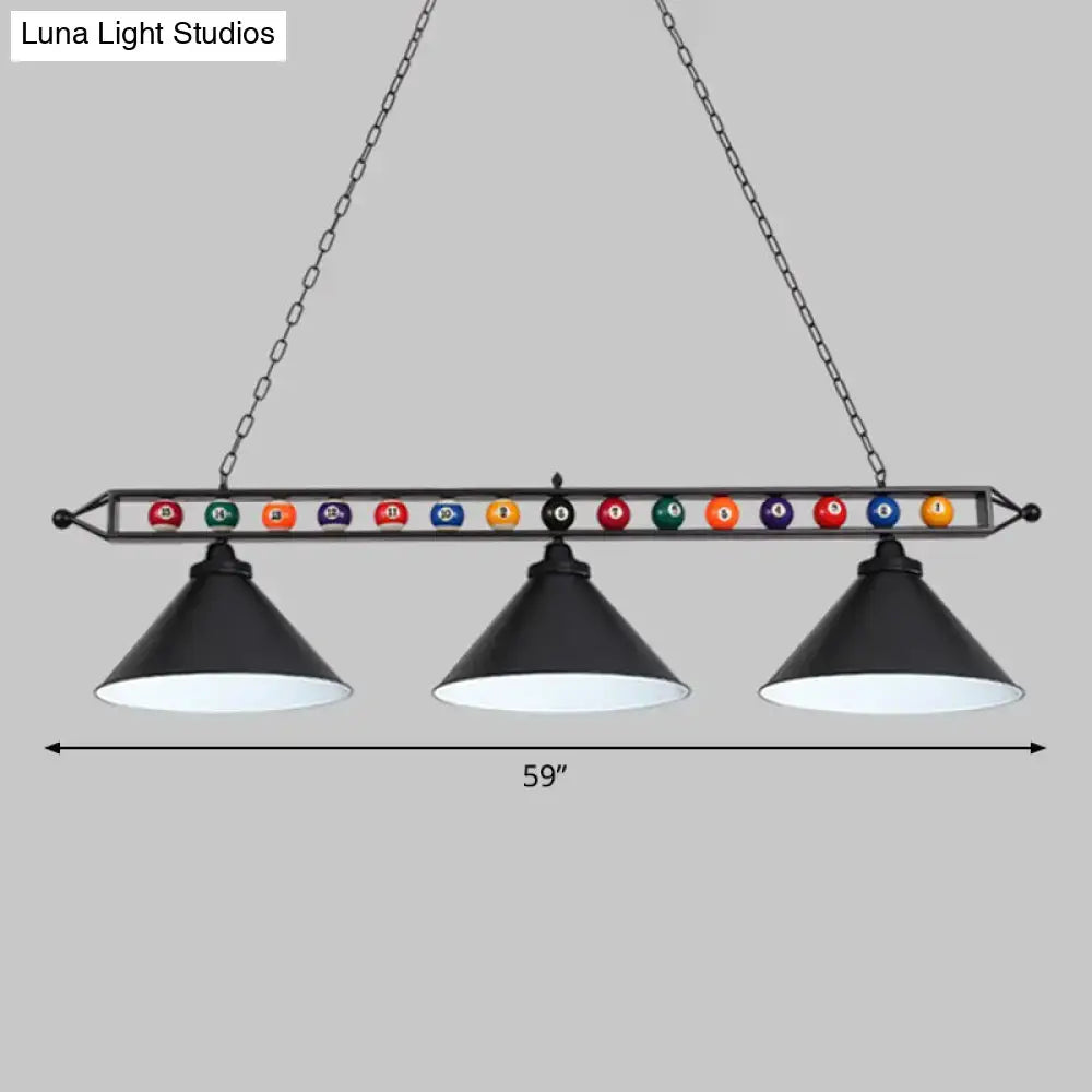 DecorBites iron linear island ceiling light with black metal frame, three conical shades, and colorful billiard balls